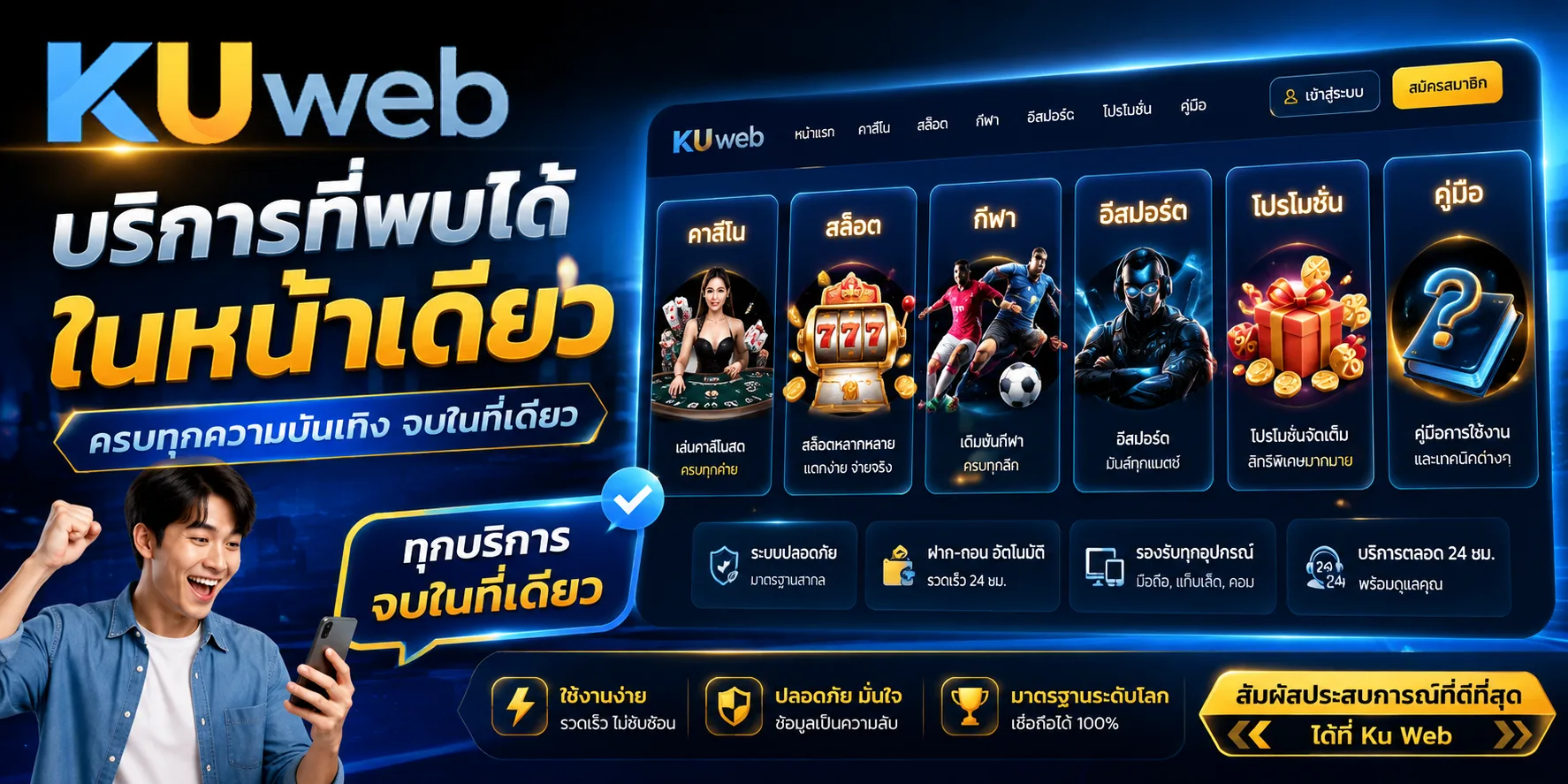 บริการคาสิโน สล็อต กีฬา หวย อีสปอร์ต และโปรโมชันภายในทางเข้า Ku Web