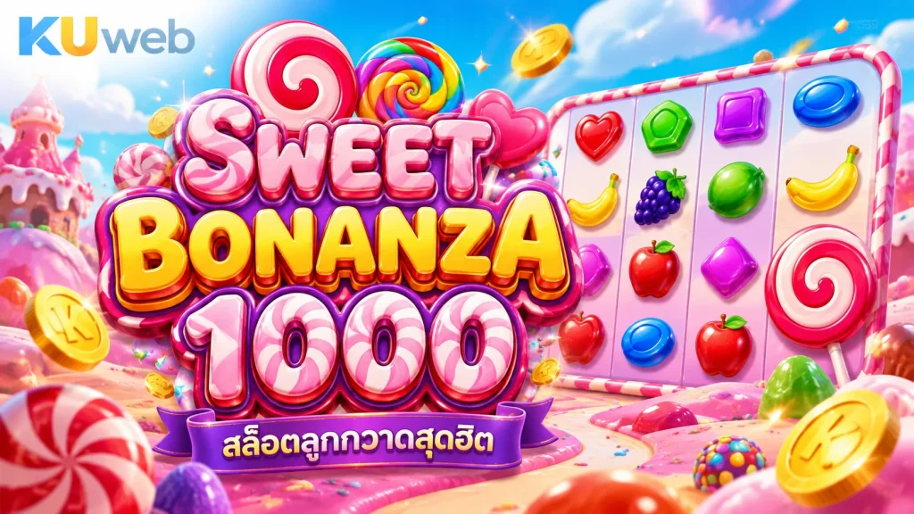แบนเนอร์ Sweet Bonanza 1000 Ku Web พร้อมวงล้อสล็อต ลูกกวาด ผลไม้ และเหรียญรางวัล